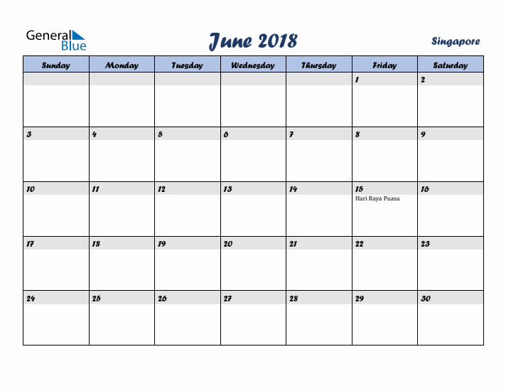 June 2018 Calendar with Holidays in Singapore