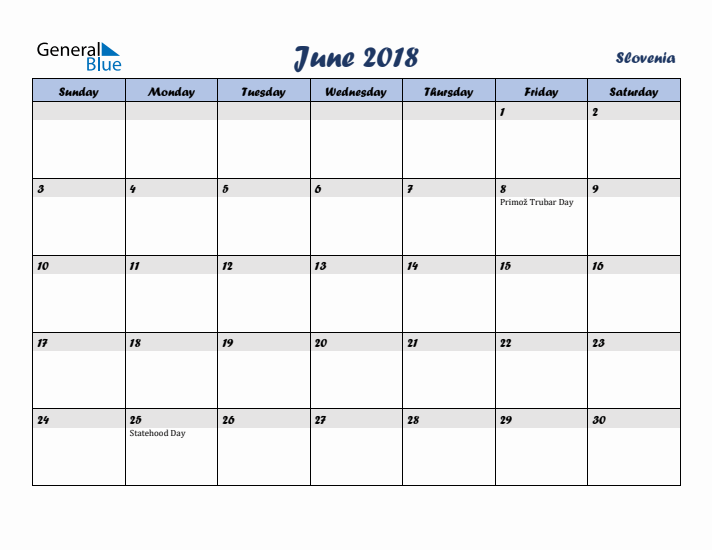 June 2018 Calendar with Holidays in Slovenia