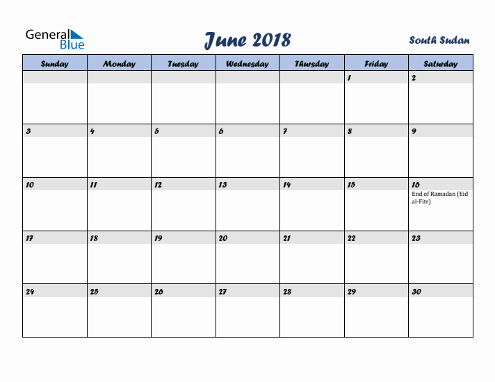 June 2018 Calendar with Holidays in South Sudan