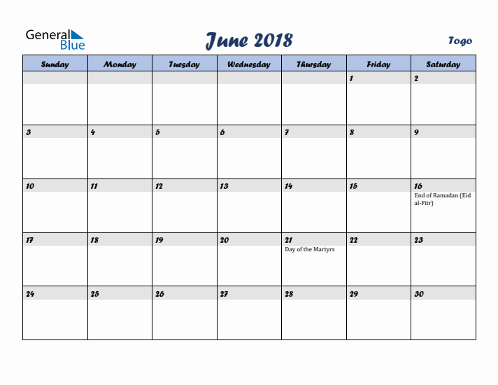 June 2018 Calendar with Holidays in Togo