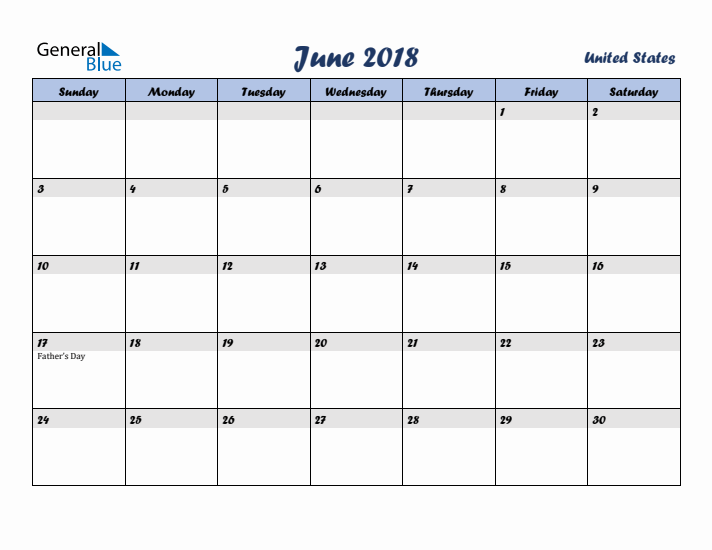 June 2018 Calendar with Holidays in United States