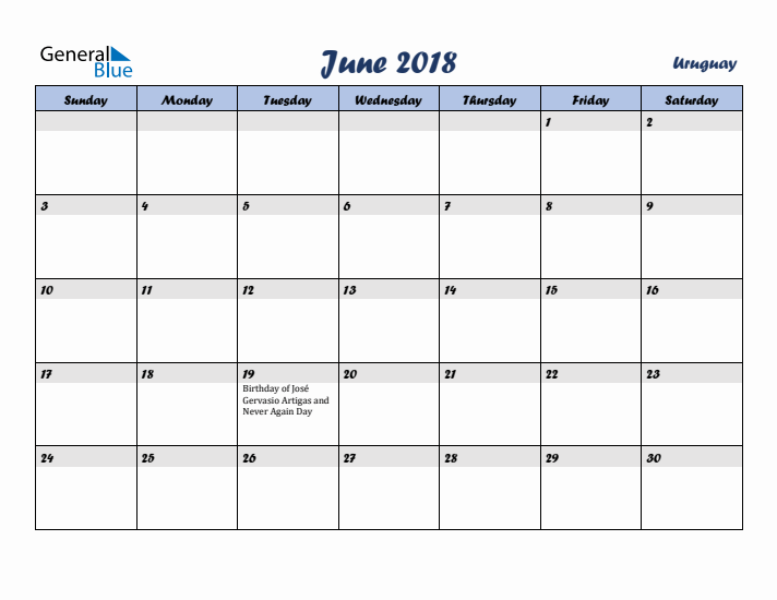 June 2018 Calendar with Holidays in Uruguay