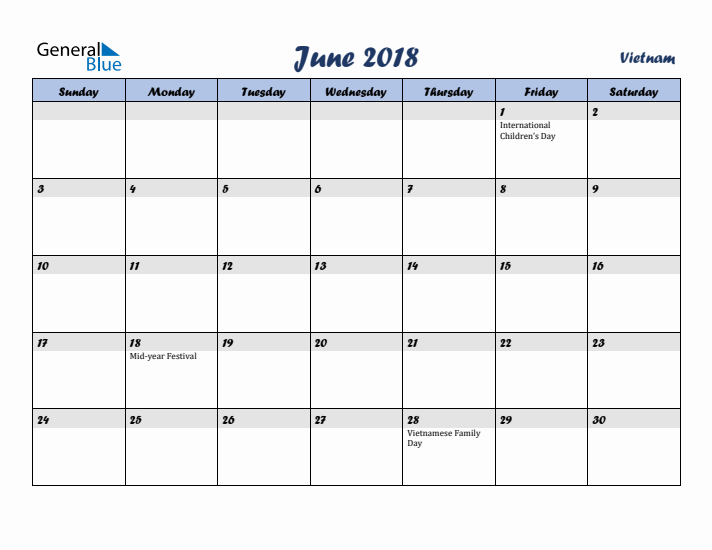 June 2018 Calendar with Holidays in Vietnam