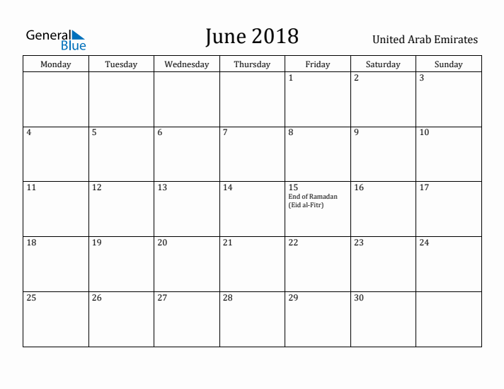 June 2018 Calendar United Arab Emirates