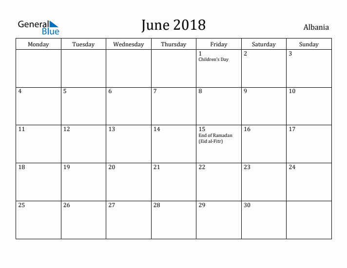 June 2018 Calendar Albania