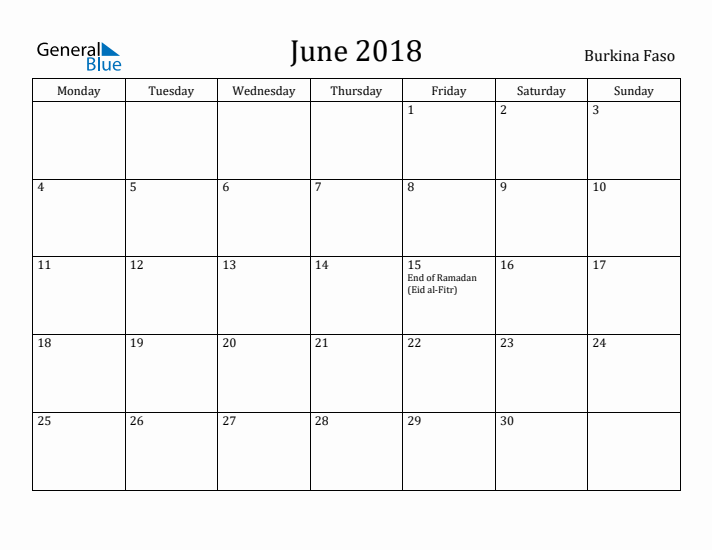 June 2018 Calendar Burkina Faso