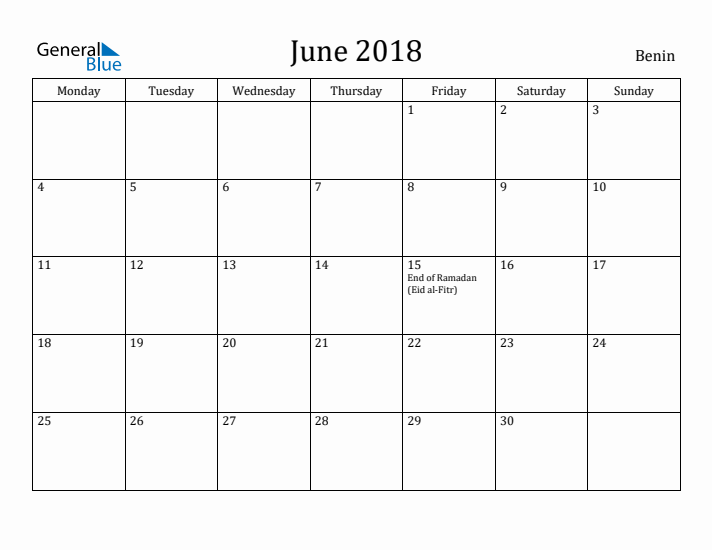 June 2018 Calendar Benin