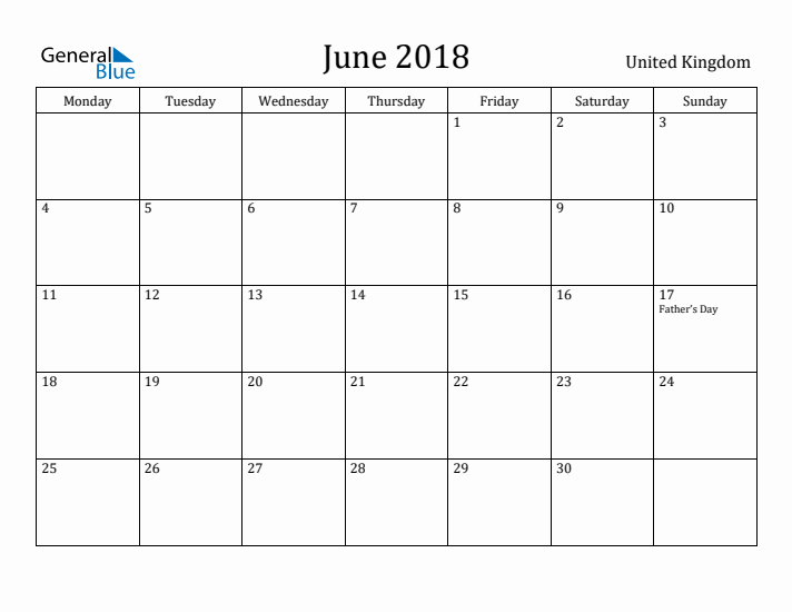 June 2018 Calendar United Kingdom