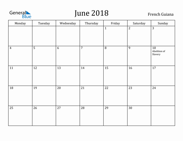 June 2018 Calendar French Guiana