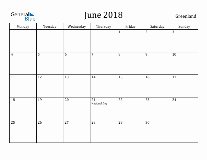 June 2018 Calendar Greenland