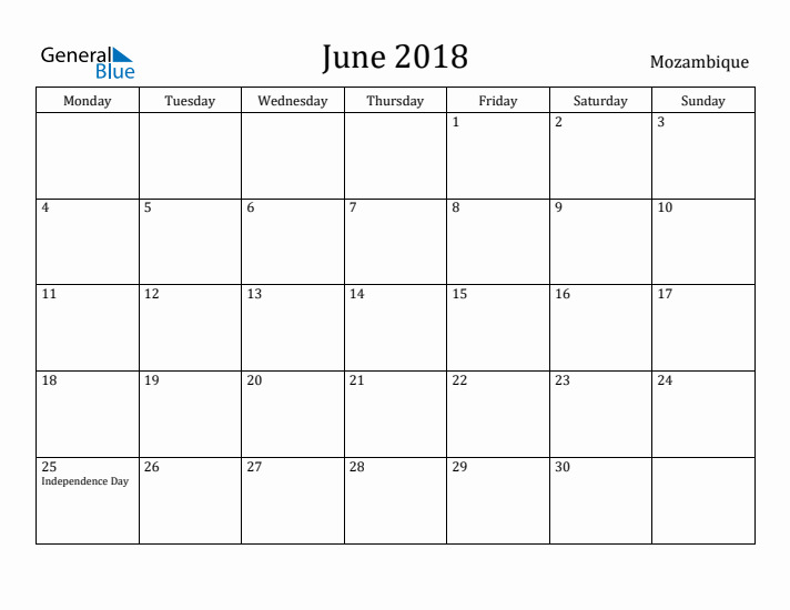 June 2018 Calendar Mozambique