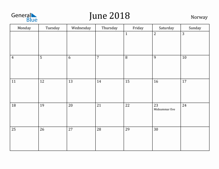 June 2018 Calendar Norway