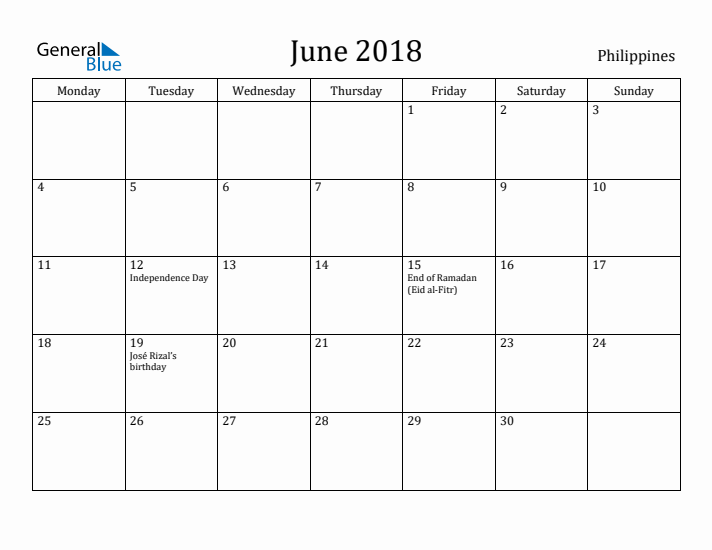 June 2018 Calendar Philippines