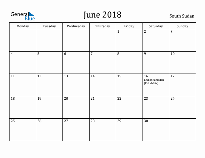 June 2018 Calendar South Sudan