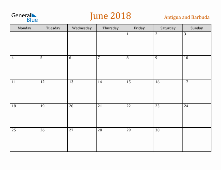 June 2018 Holiday Calendar with Monday Start