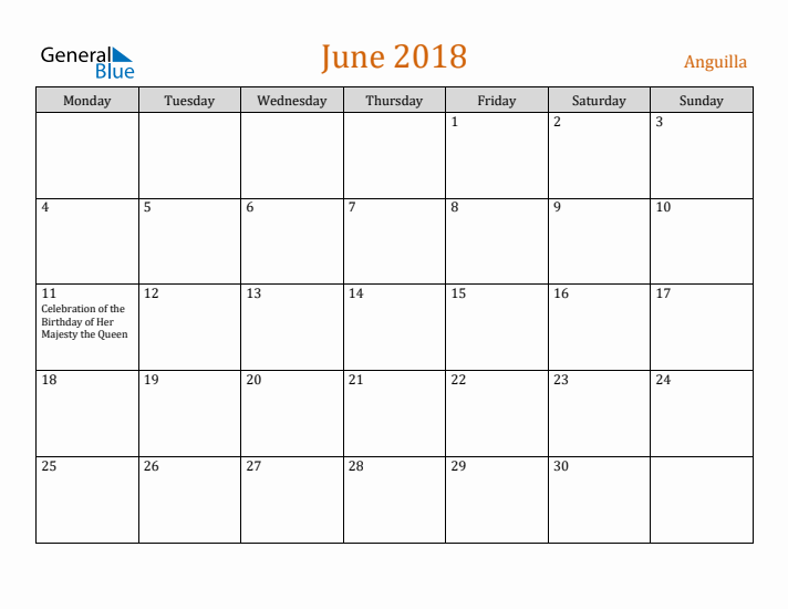 June 2018 Holiday Calendar with Monday Start