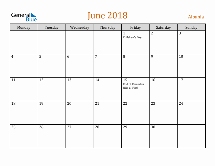 June 2018 Holiday Calendar with Monday Start