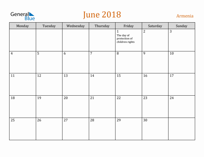 June 2018 Holiday Calendar with Monday Start