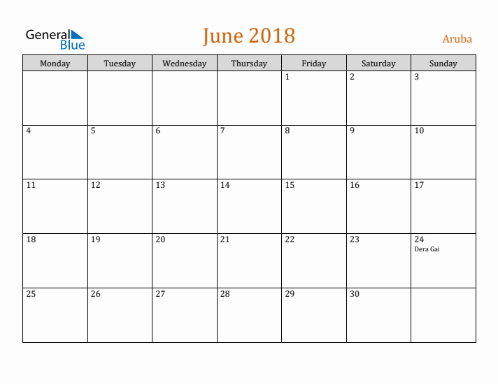 June 2018 Holiday Calendar with Monday Start