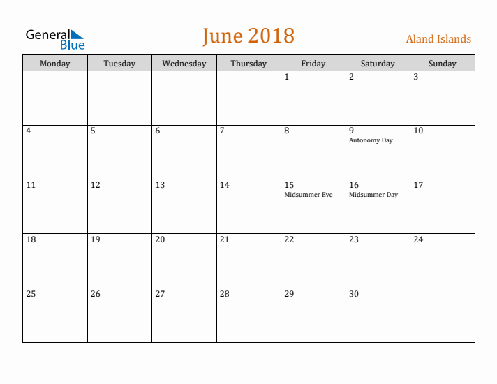 June 2018 Holiday Calendar with Monday Start