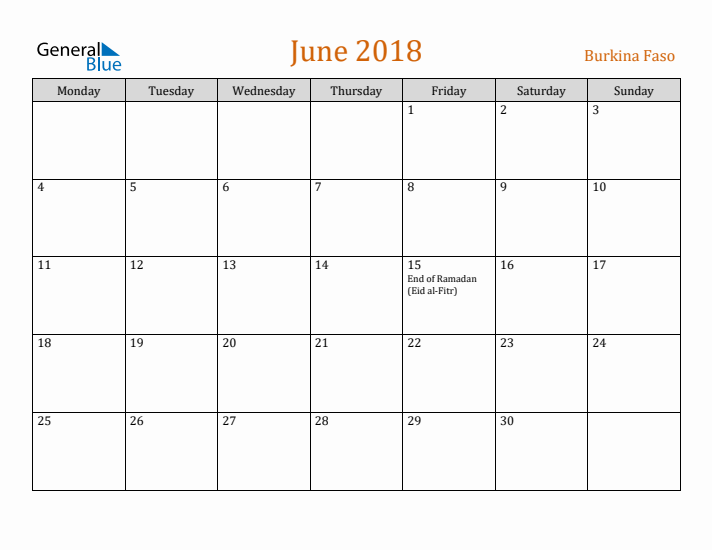 June 2018 Holiday Calendar with Monday Start