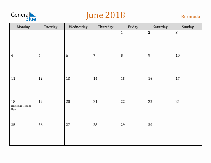 June 2018 Holiday Calendar with Monday Start