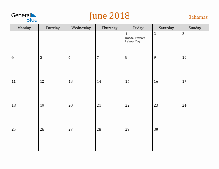 June 2018 Holiday Calendar with Monday Start