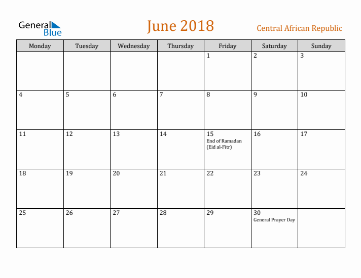 June 2018 Holiday Calendar with Monday Start