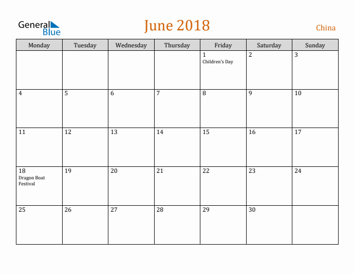 June 2018 Holiday Calendar with Monday Start