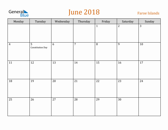 June 2018 Holiday Calendar with Monday Start