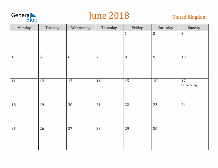 June 2018 Holiday Calendar with Monday Start