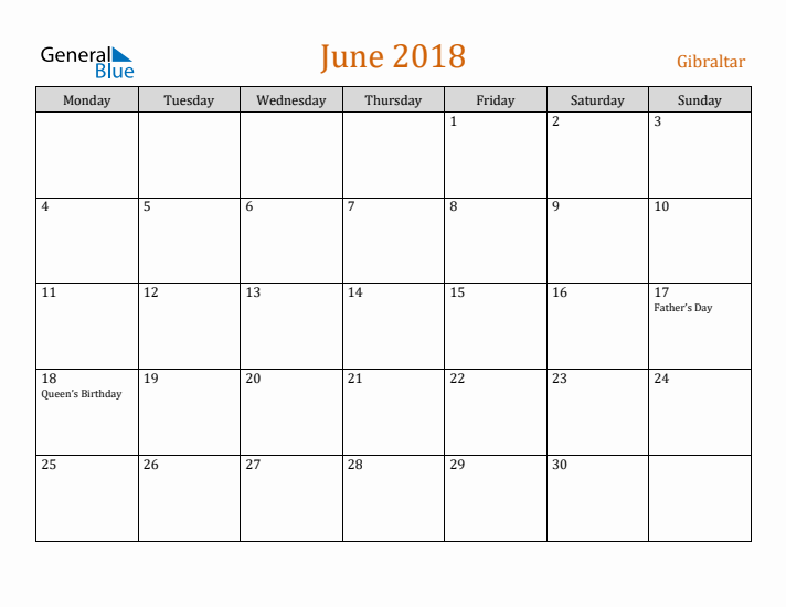 June 2018 Holiday Calendar with Monday Start