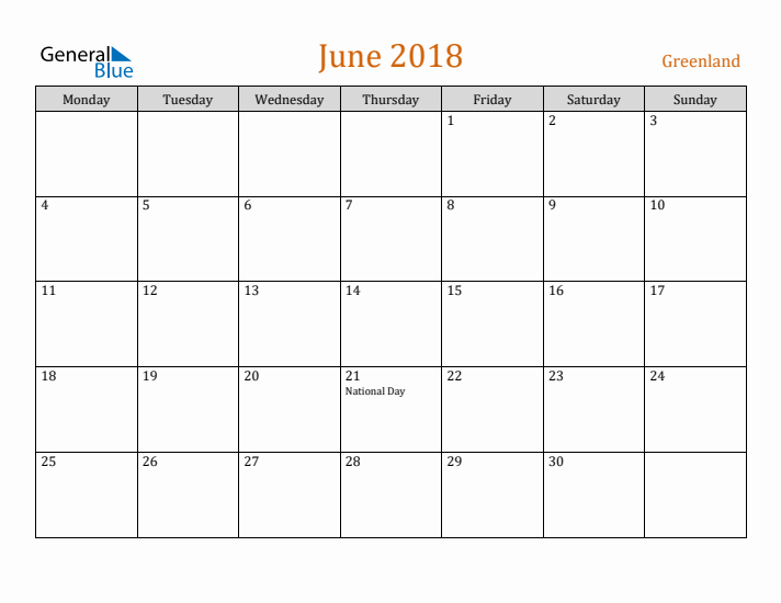 June 2018 Holiday Calendar with Monday Start