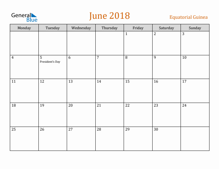 June 2018 Holiday Calendar with Monday Start