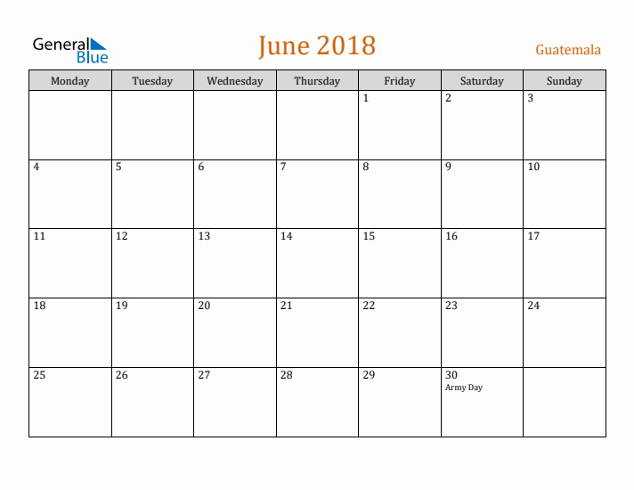 June 2018 Holiday Calendar with Monday Start