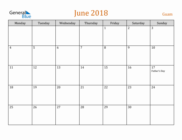 June 2018 Holiday Calendar with Monday Start