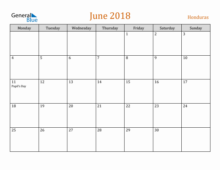 June 2018 Holiday Calendar with Monday Start