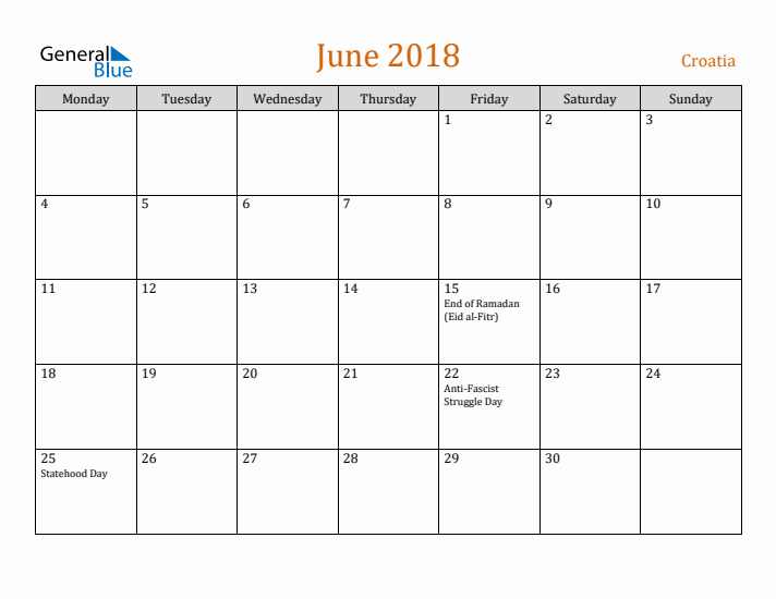 June 2018 Holiday Calendar with Monday Start