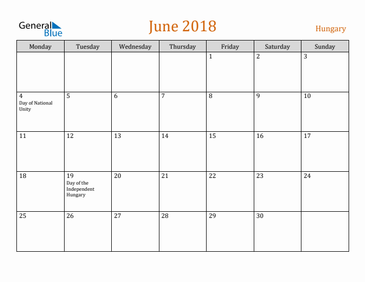 June 2018 Holiday Calendar with Monday Start