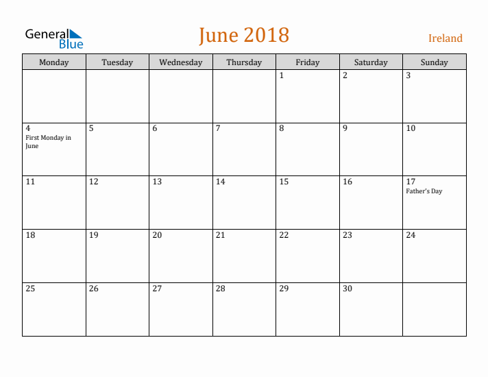 June 2018 Holiday Calendar with Monday Start