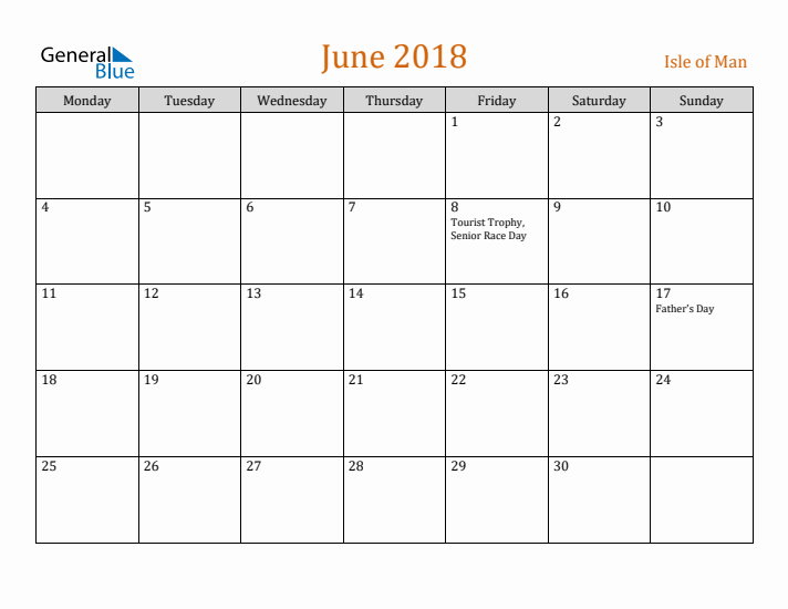 June 2018 Holiday Calendar with Monday Start