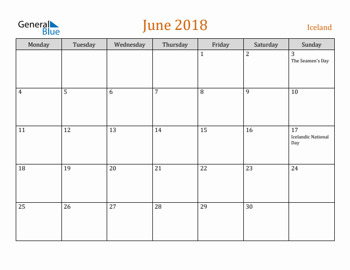 June 2018 Holiday Calendar with Monday Start