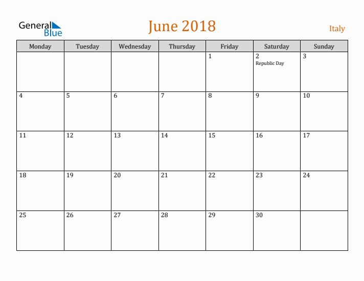 June 2018 Holiday Calendar with Monday Start