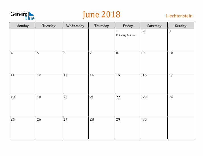 June 2018 Holiday Calendar with Monday Start