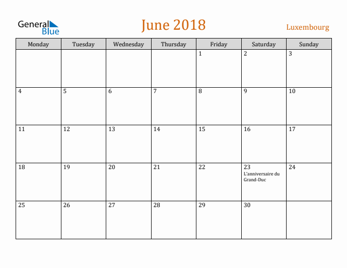 June 2018 Holiday Calendar with Monday Start