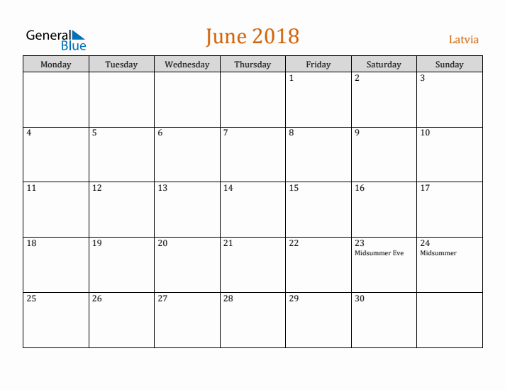 June 2018 Holiday Calendar with Monday Start