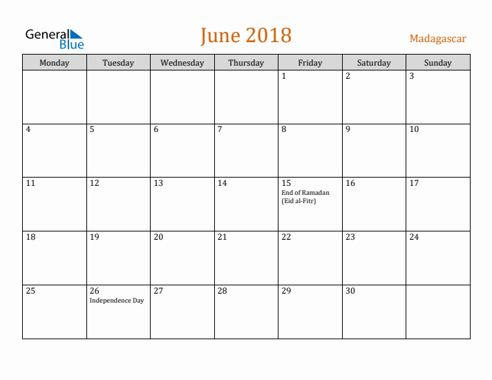 June 2018 Holiday Calendar with Monday Start