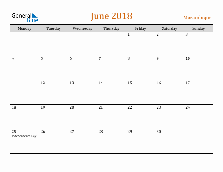 June 2018 Holiday Calendar with Monday Start