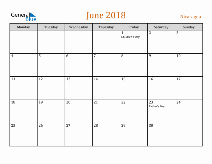 June 2018 Holiday Calendar with Monday Start