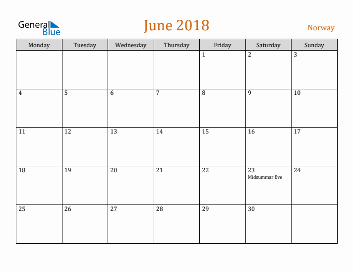 June 2018 Holiday Calendar with Monday Start